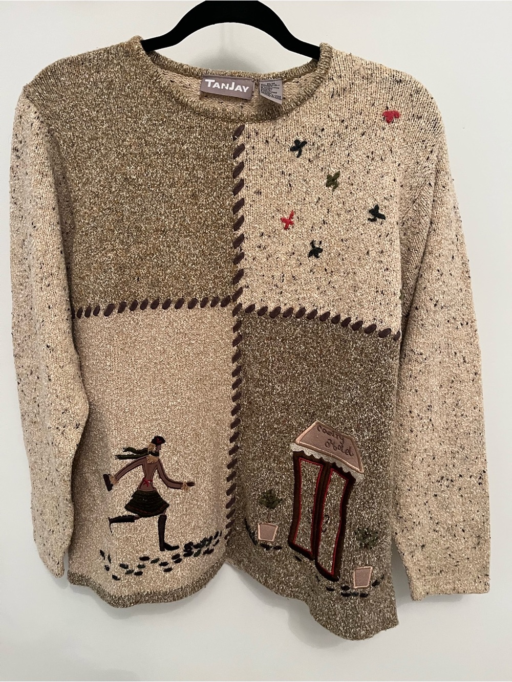 TANJAY Womens Beige & Brown Patchwork Embroidered Sweater medium